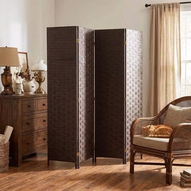 EONLION 4 Panel Folding Room Divider Privacy Screen in Dark Brown with Rattan and Wood Geometric Design, W/D/H: 200 x 50 x 50 cm