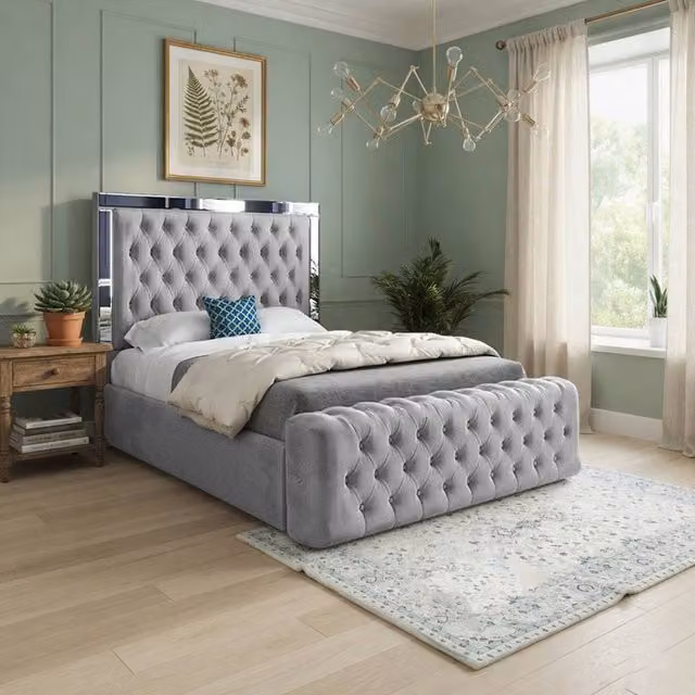 Casani Zennor Mirror Upholstered Designer Bed Frame in Grey Velvet, W/D/H: 140 x 200 x 137 cm