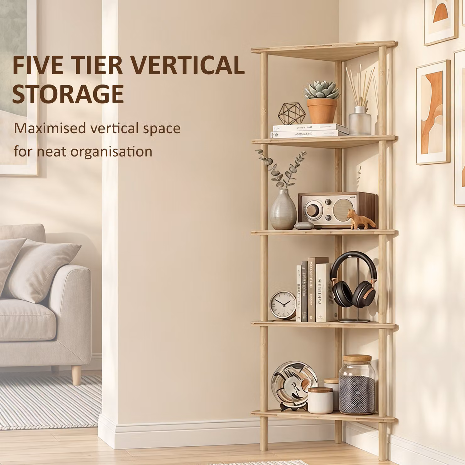 HOMCOM 5-Tier Bamboo Corner Storage Shelf, Freestanding Minimalist Shelving Unit in Brown, W/D/H: 41.5 x 21.5 x 114 cm – 3