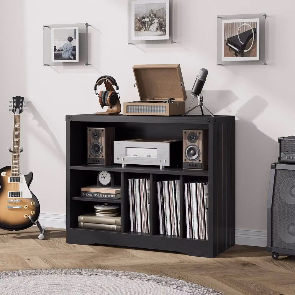 London Boutique Modern Black Record Player Stand with 6 Cube Media Storage Shelves – 4