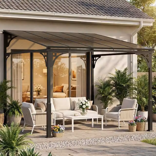 Outsunny Brown Metal Lean-to Pergola with Polycarbonate Roof, W: 300 cm, D: 287 cm
