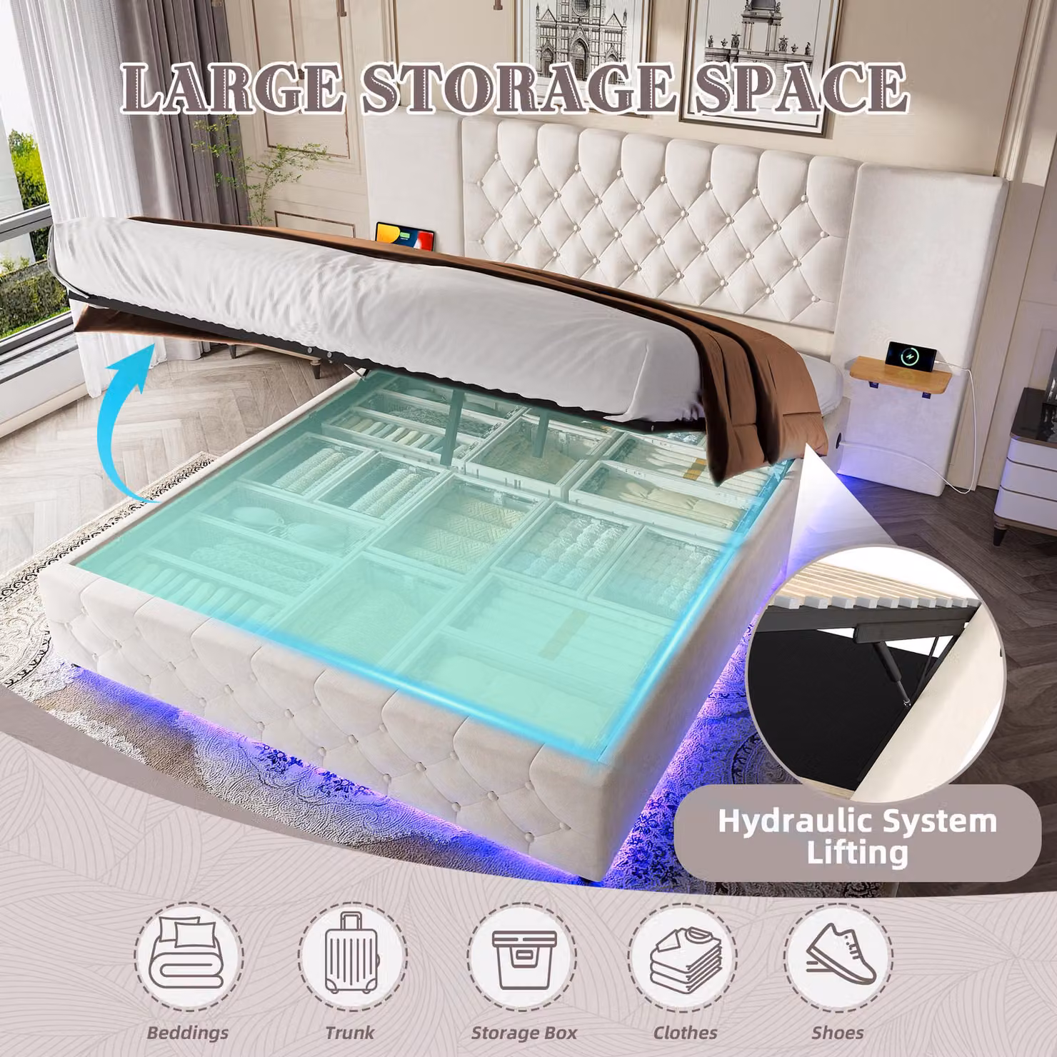 Aosom UK Modern Beige Upholstered Platform Bed with Hydraulic Lift System and Tufted Headboard, W/D/H: 135 x 190 x 103 cm – 6