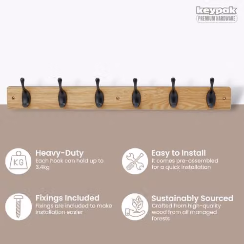 Keypak 6 Matte Black Coat Hooks with Ash Effect Wood Board, Width: 68 cm – 2