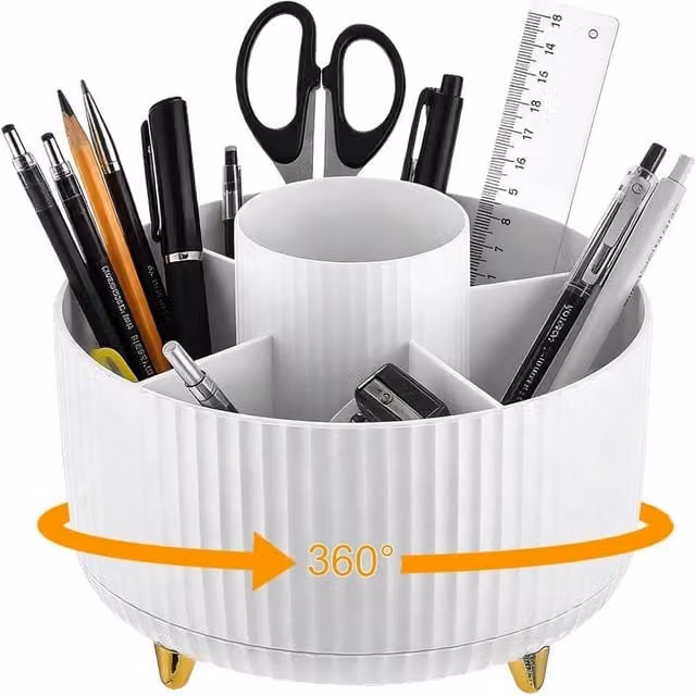 NESTLUNE 360 Degree Rotating Desktop Storage Box, 5-Grid White Plastic Pen Holder