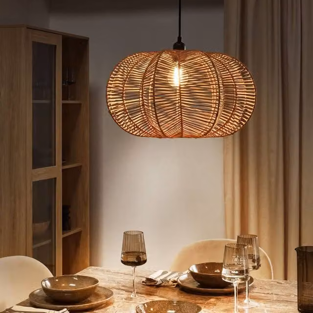 Wyld and Coco Natural Rattan and Black Metal Boho Pendant Lamp