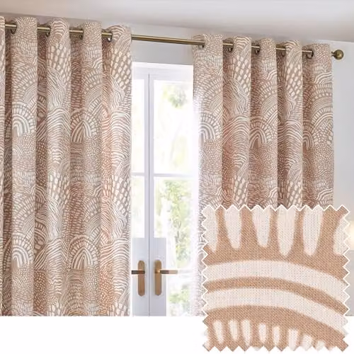 HOEM Nola Abstract Geometric Opaque Eyelet Curtains in Beige, Width: 117.1 cm, Drop: 137 cm
