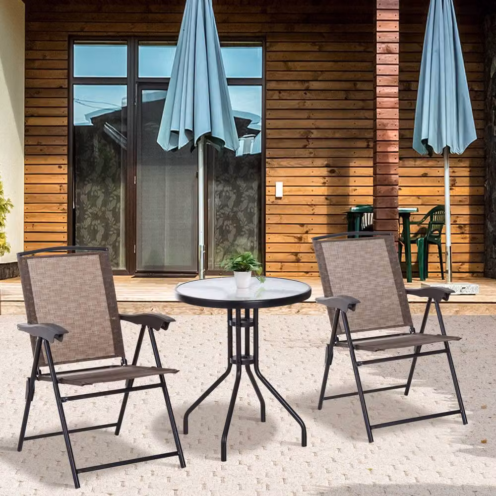 ERGOVEXA 3 Piece Brown Outdoor Bistro Set with Round Glass Top and Powder Coated Steel Frame – 3