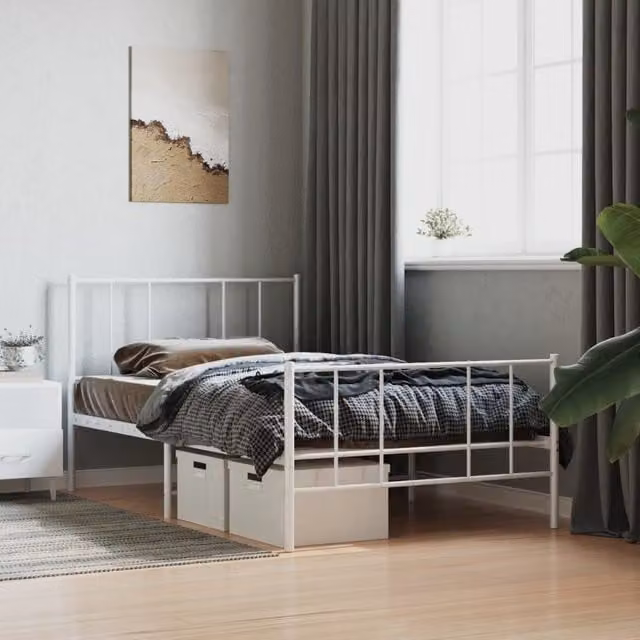 Berkfield Home Metal Bed Frame with Headboard and Footboard in White, W/D/H: 100 x 190 cm