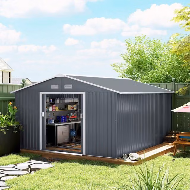 Outsunny Grey Galvanised Steel Pent Garden Storage Shed with Sliding Doors and Side Vent – 2