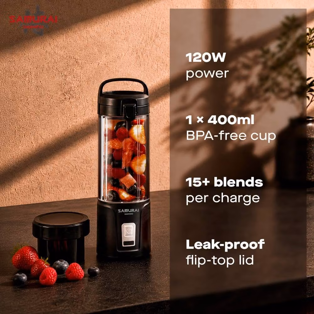 Daewoo Samurai USB-C Rechargeable Portable Blender in Black with Stainless Steel Blades – 2