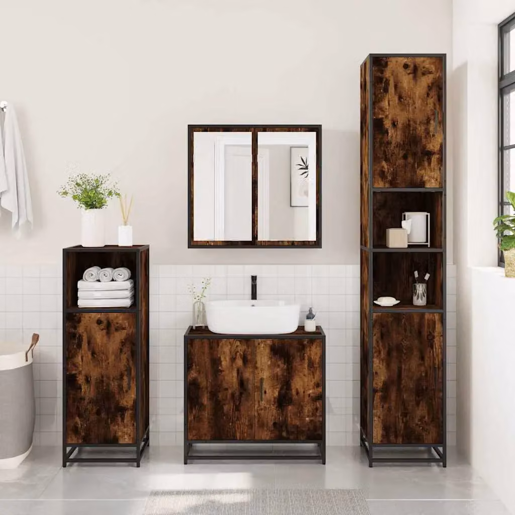Berkfield Home 4-Piece Industrial Bathroom Furniture Set in Smoked Oak Brown – 4