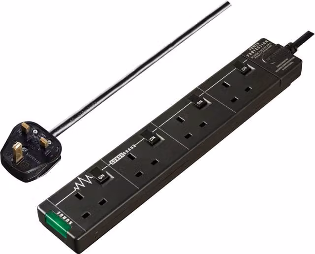 Masterplug 4 Socket Switched Extension Lead with Surge Protection and LED Indicator, 2m, Black