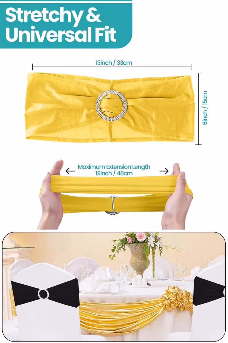 Neel Blue Spandex Chair Bands with Slider Buckle, 10-Piece Set of Stretchy Elastic Chair Sashes in Yellow