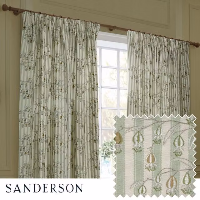 Sanderson Chinese Lanterns Embroidered Pencil Pleat Curtains in Green, Width: 168 cm, Drop: 183 cm