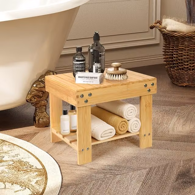 Levede Bamboo Slatted Storage Stool Bench in Yellow and Beige, W/D/H: 67.3 x 56.6 x 56.6 cm