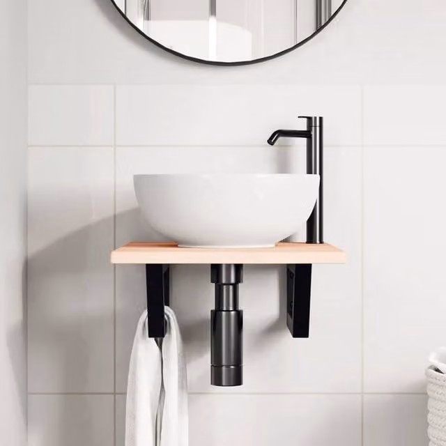 Berkfield Home Elegant Wall Mounted Basin Shelf in Light Brown Oak and Black Steel – 1
