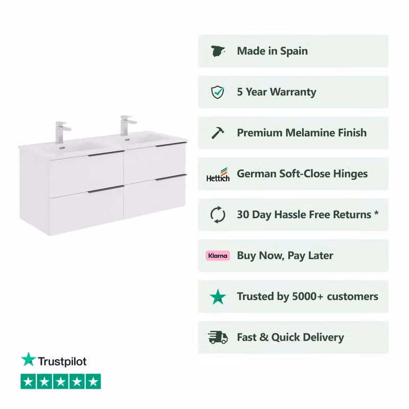 Banyetti Celtic Wall Hung Bathroom Vanity Unit with Athena Basin, Gloss White, W: 120 cm, D: 45 cm, H: 48 cm – 2