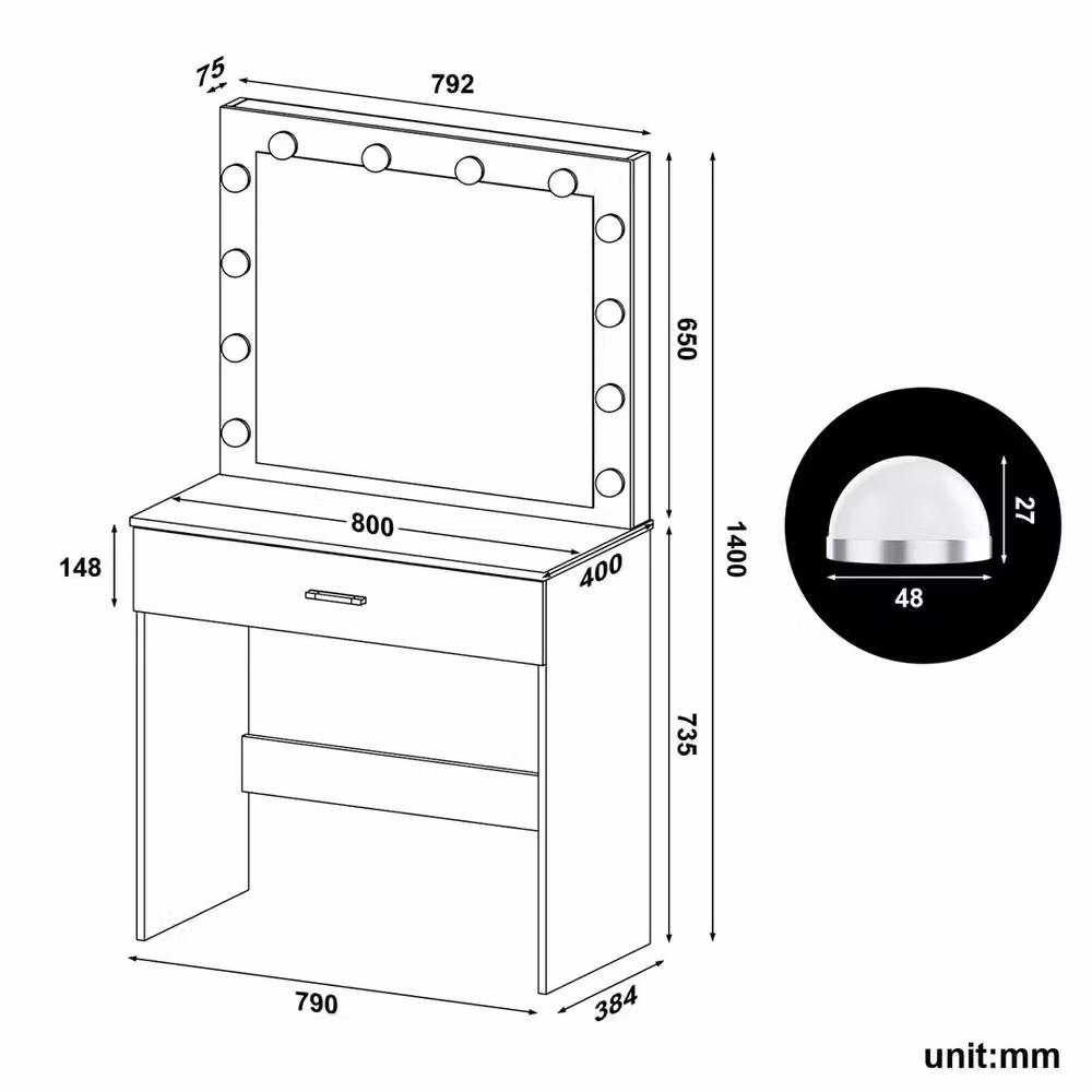 ERGOVEXA Black LED Hollywood Style Dressing Table and Makeup Vanity Set with Mirror and Storage Drawer – 2