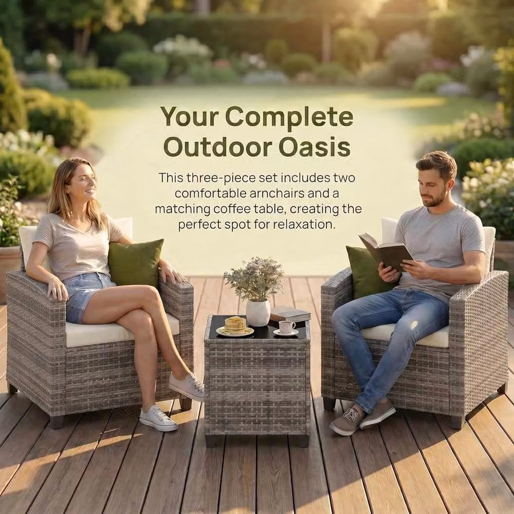 SPETLEK 3 Piece Grey Rattan Garden Furniture Set – 3
