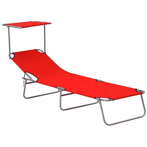 Outsunny Folding Sun Lounger with Canopy in Red, featuring Textilene Fabric and Powder Coated Steel Frame