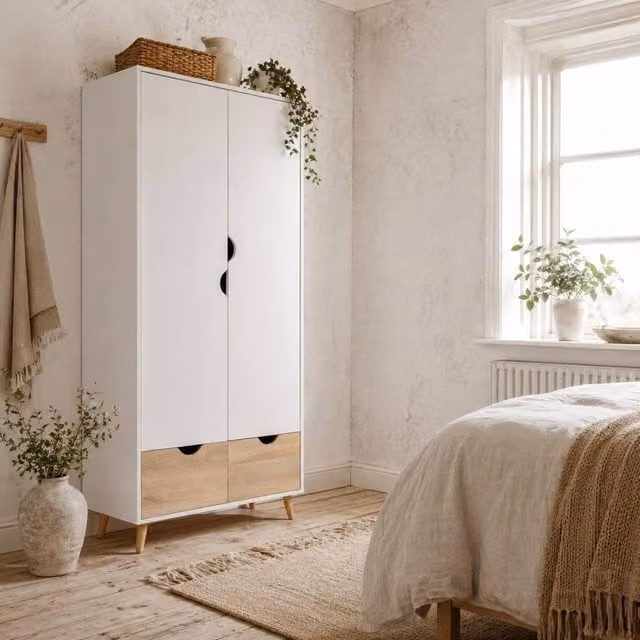 Wyld Haus Belamar 2 Door Wardrobe with Hanging Rail and Drawers in White