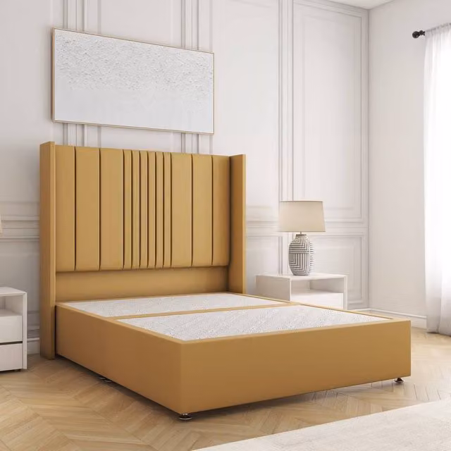 BSSPOKE Charlotte King Size Divan Bed with 54 inch Plush Velvet Headboard in Mustard Yellow