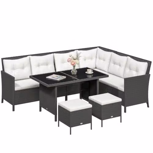 Outsunny 6 Piece L-Shape Rattan Garden Furniture Set with Ottoman and Coffee Table, Black and Grey