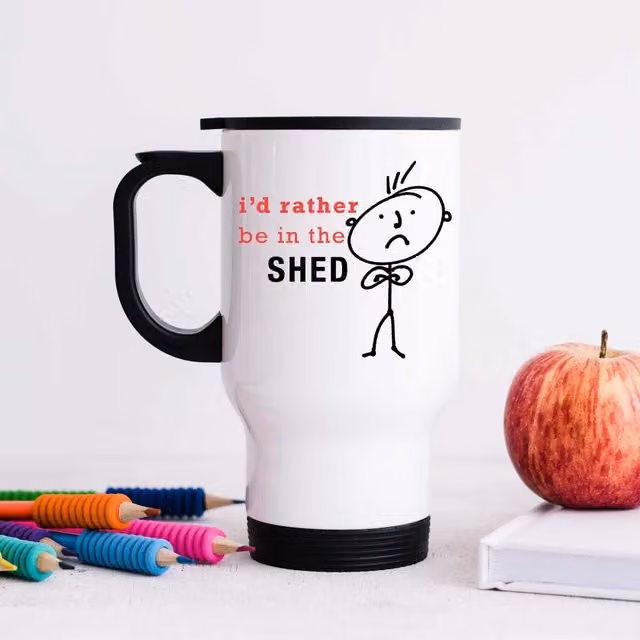 60 Second Makeover Men's I'd Rather Be In The Shed Stainless Steel Travel Mug, White