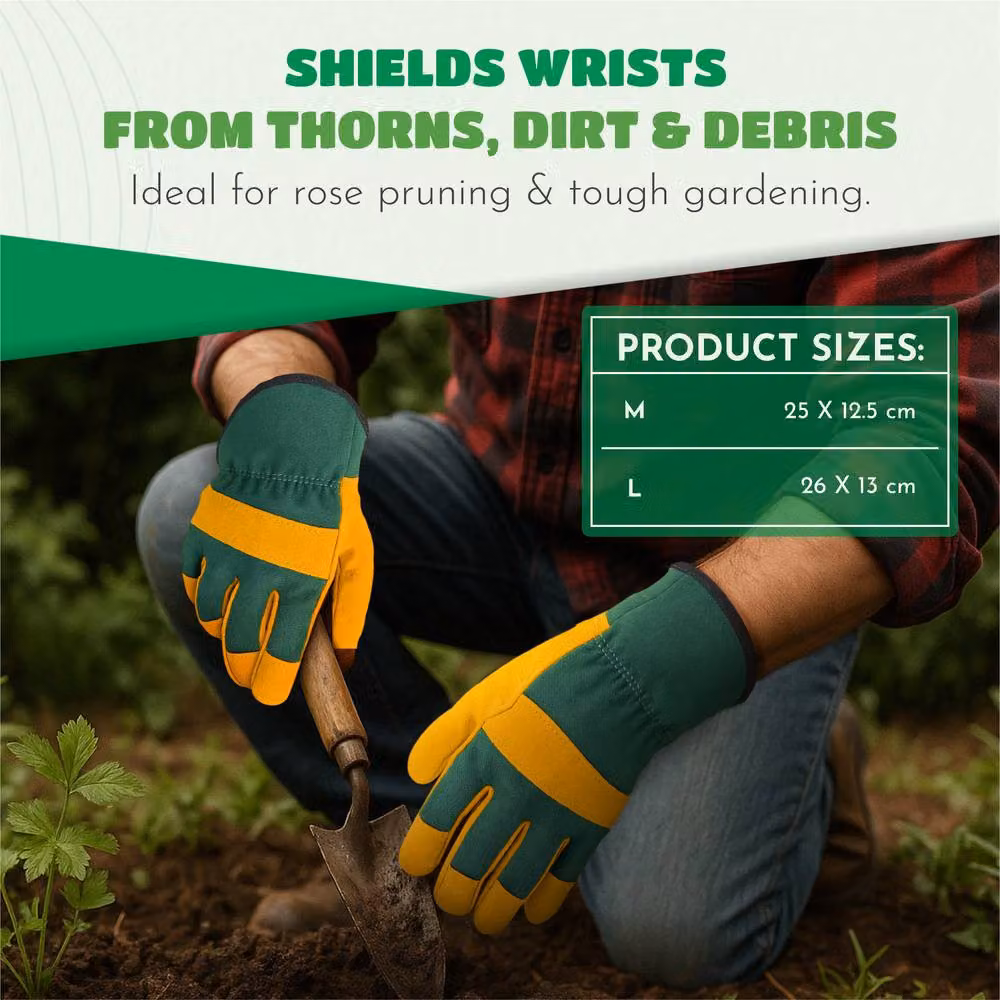 Keplin Premium Cowhide Leather and Fabric Gardening Gloves for Men and Women, Thorn and Puncture Resistant, Yellow and Green, Multicolour – 2