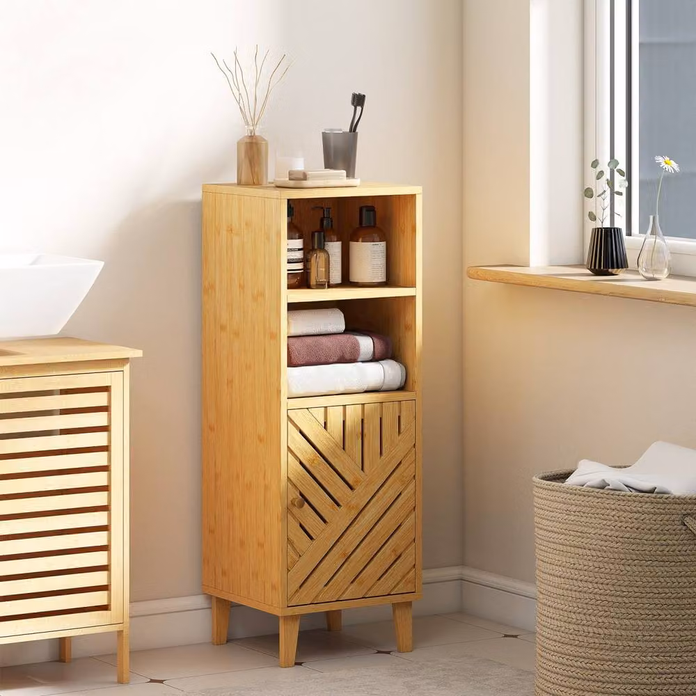 Wyld Haus Mire Slim Freestanding Bathroom Cabinet in Sand and Brown with Bamboo Doors and Adjustable Internal Shelf, W/D/H: 30 x 32 x 90 cm – 3