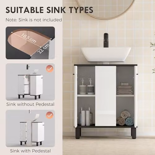 HOMCOM Modern Freestanding Under Sink Bathroom Cabinet with Hinged Doors and Internal Shelves, High Gloss White, W/D/H: 60 x 34 x 70 cm – 3