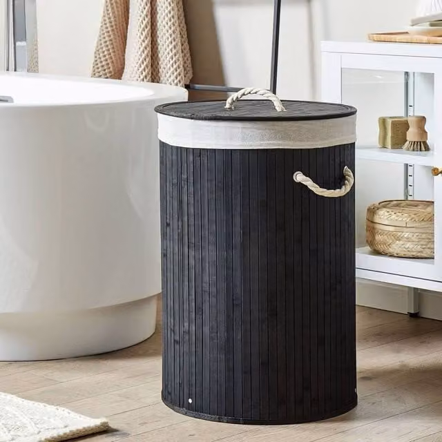 Wyld and Coco Bit Black Stained Bamboo Laundry Basket with Lid and Removable Polyester Lining