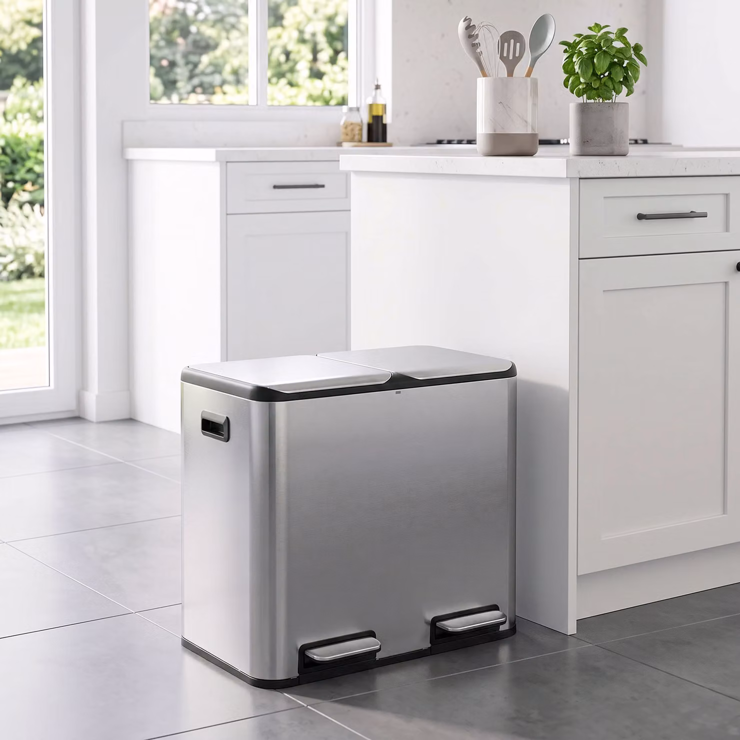 HOMCOM Double Kitchen Bin with Dual 20L Compartments, Stainless Steel Pedal Rubbish Bin with Soft Close Lids and Odour Filter, Silver Tone – 2
