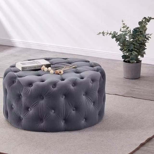 Life Interiors Melia Round LUX Velvet Pouffe in Grey