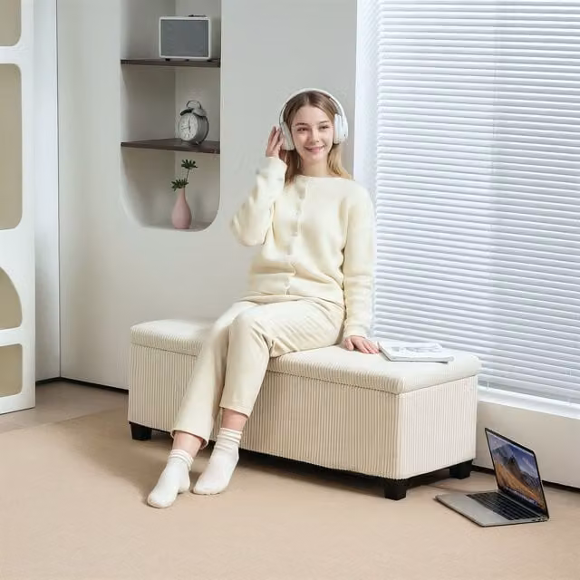 HOMCOM Corduroy Storage Ottoman Bench in Beige with Padded Top and Lid, W: 112 cm, D: 40 cm, H: 42 cm – 1