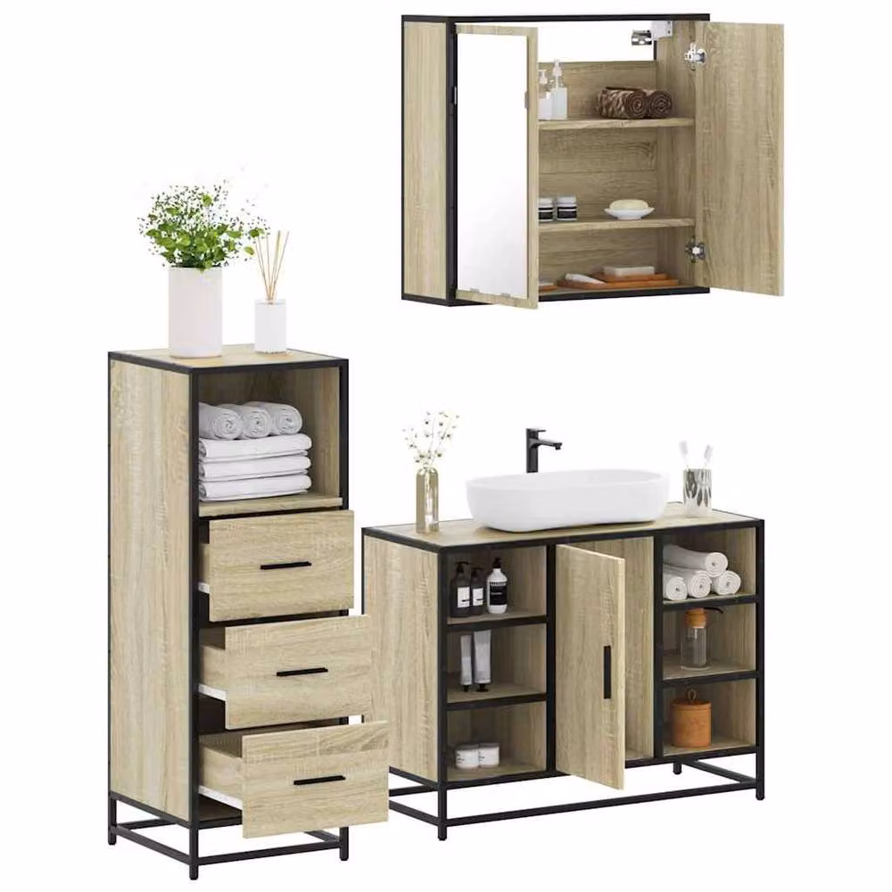 Berkfield Home 3 Piece Industrial Bathroom Furniture Set in Beige featuring Mirror Cabinet, Vanity Unit and Tall Cabinet – 2