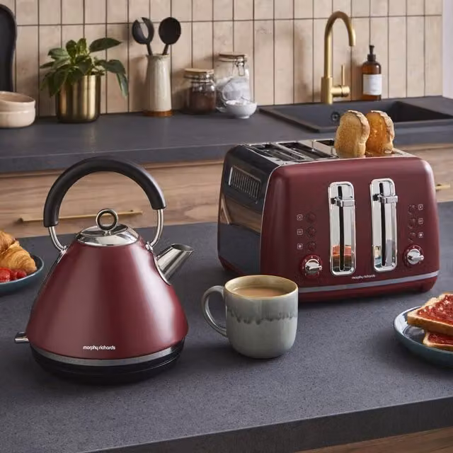 Morphy Richards Accents Pyramid Kettle and Toaster Set in Red with Limescale Filter