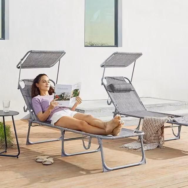 The Bazaarist Folding Sun Lounger with Sun Canopy and Adjustable Headrest in Beige and Grey