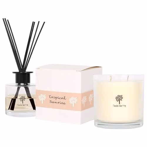 Nicola Spring Soy Wax Scented Candle and Reed Diffuser Set with Tropical Sunrise Fragrance, 400g Candle and 200ml Diffuser – 1