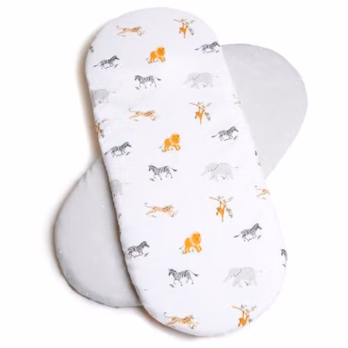 Clair de Lune Jungle Dream 2 Pack Cotton Fitted Moses Basket Sheets in Grey and White, W: 74 cm, D: 30 cm
