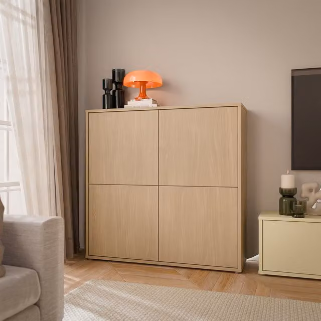 Furniture To Go Alice Springs 4 Door Storage Cabinet in Sand Oak with Push-Open Hinged Doors