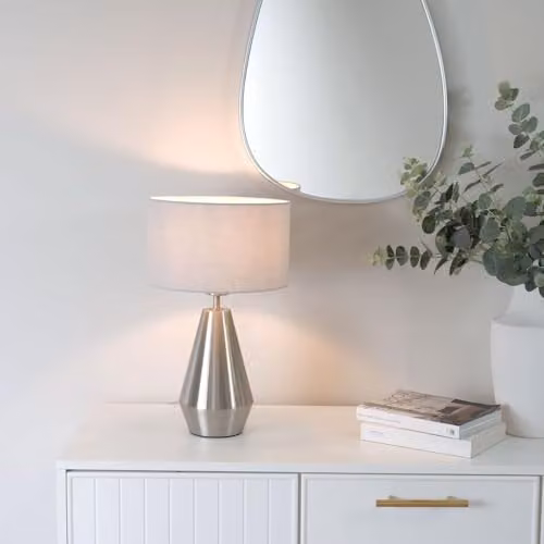 ValueLights Silver Chrome Metal Touch Dimmer Table Lamp with Grey Fabric Drum Shade – 2
