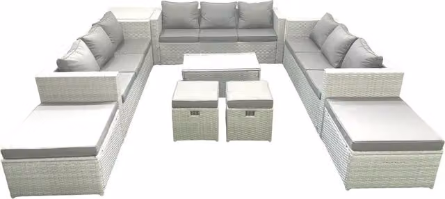 Fimous 9 Piece Rattan Garden Furniture Set with Sofa, Coffee Table, Side Table and 4 Footstools in Light Grey