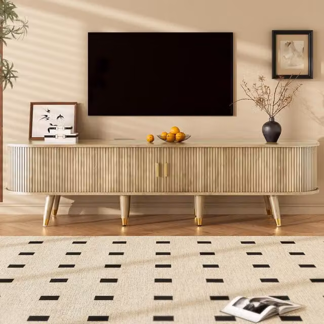 Aosom UK Modern TV Cabinet with Sliding Door and Open Shelves in Natural, W: 175 cm, D: 38 cm, H: 45 cm – 1