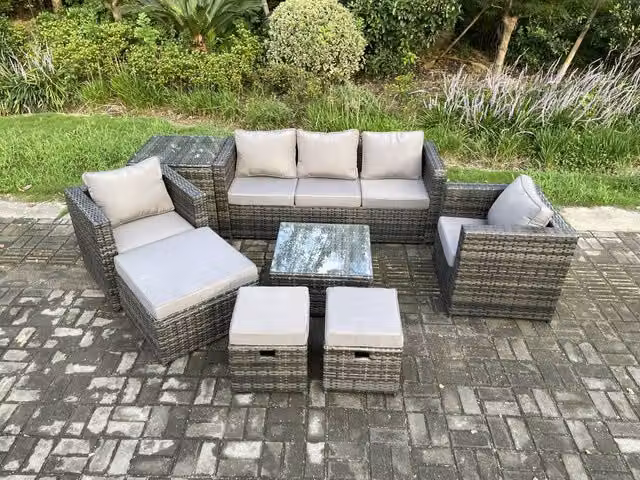 Fimous 8 Seater Rattan Garden Furniture Set in Dark Grey with Sofa, Armchairs and Coffee Table