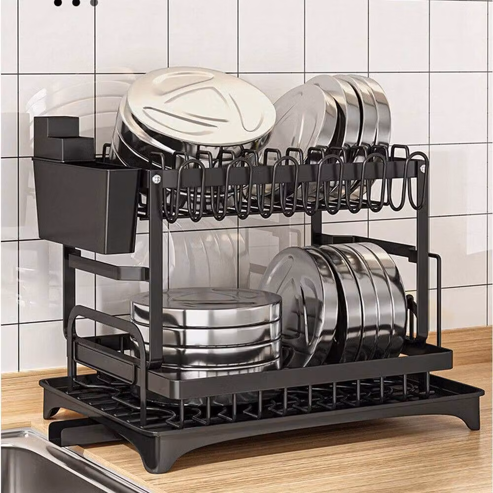 Kelvenix 2 Tier Black Coated Steel Dish Rack with Drip Tray and Cutlery Holder – 4