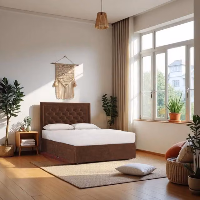 Knight Sleep Ellis Plush Double Bed Set with Hybrid Mattress and 2 Drawers in Chocolate Brown Velvet Fabric, W/D/H: 140 x 200 x 61 cm
