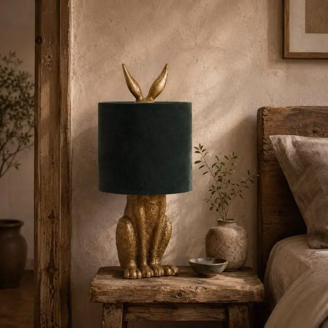 Wyld Haus Belves Antique Gold Hare Table Lamp with Green Velvet Shade