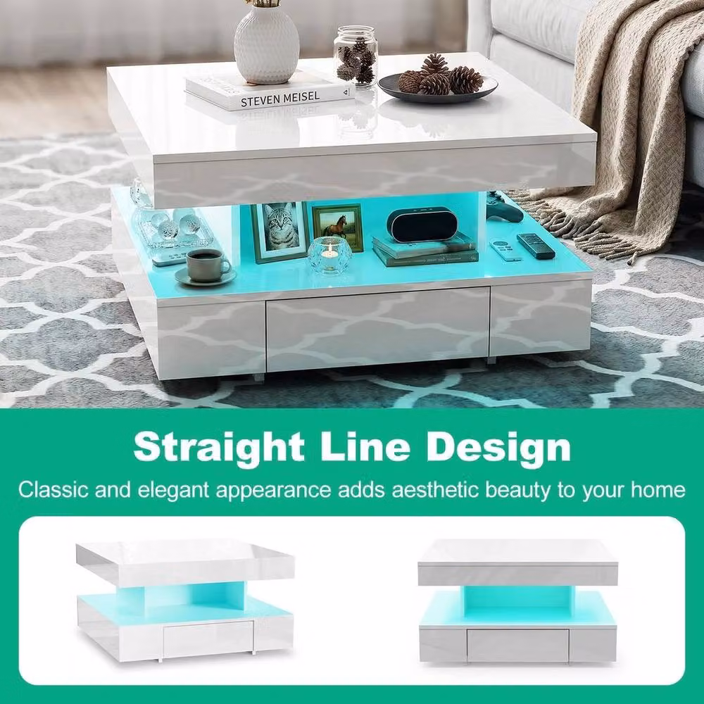 KORVIXA Modern High Gloss LED Coffee Table with 2 Drawers, White, W/D/H: 100 x 100 x 40 cm – 5