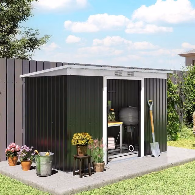 OUTSUNNY Dark Grey Metal Garden Storage Shed with Sliding Doors and Window